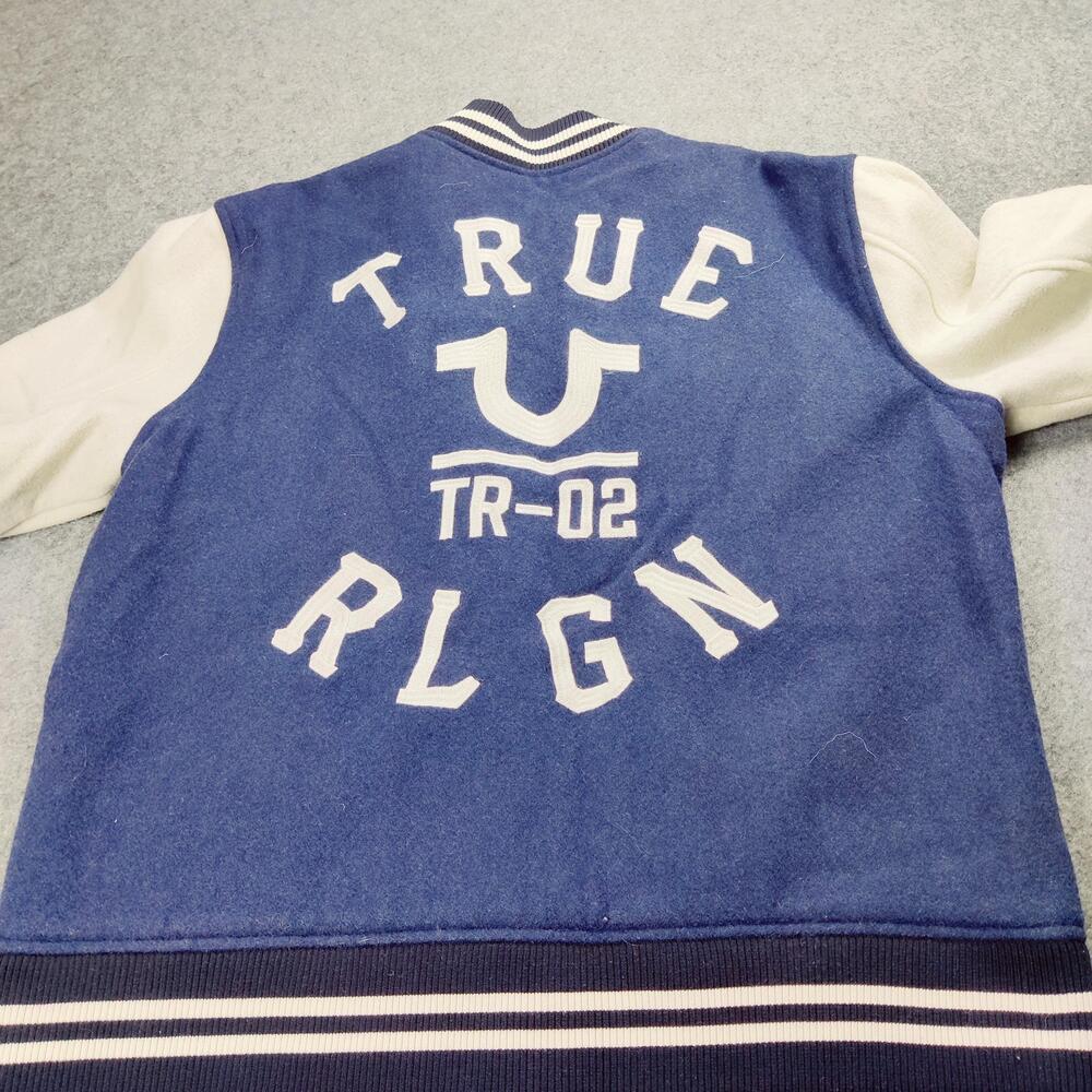 True Religion Jacket Mens XL Blue Cream Varsity Letterman Wool Blend Snap Front